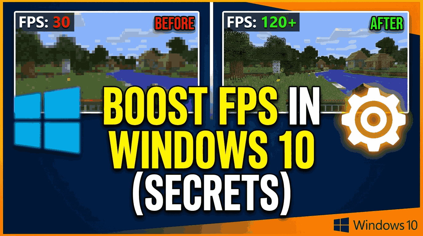 Boost FPS in Windows 10 secrets Minecraft game before 30 FPS after 120+ FPS comparison with Windows 10 logo and settings gear icon
