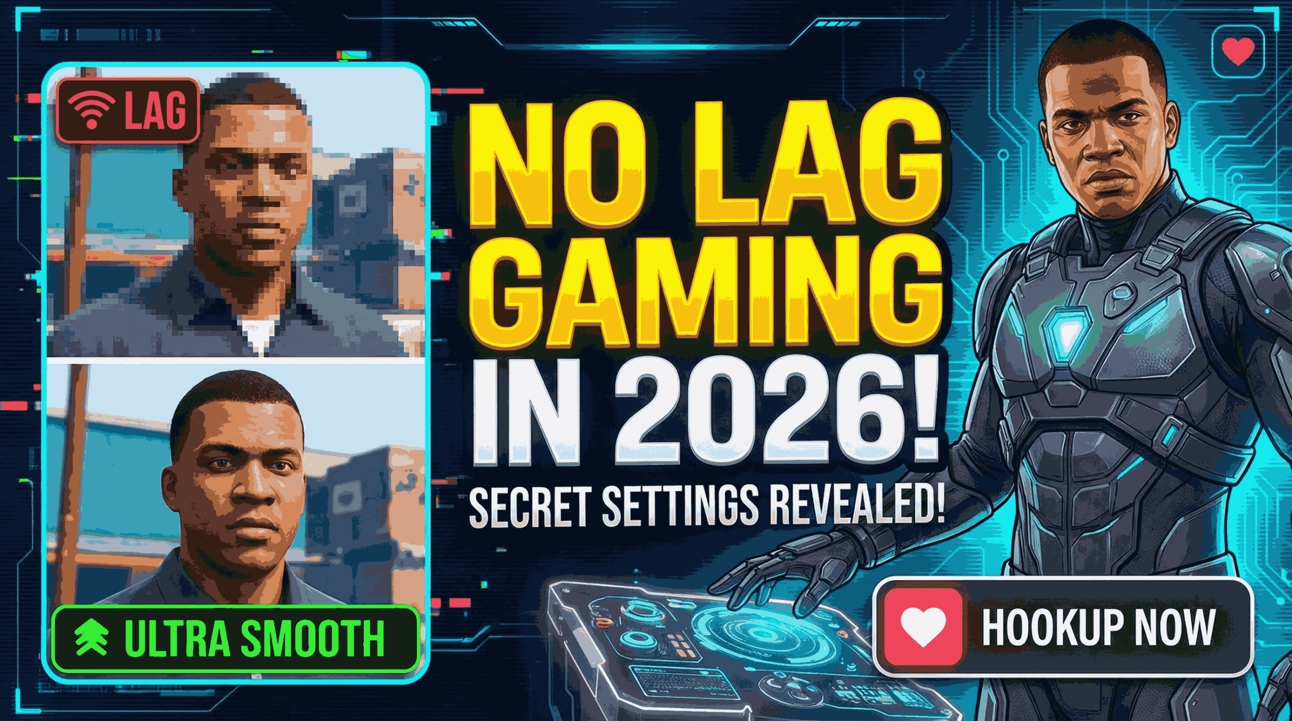 No lag gaming in 2026 secret settings revealed showing two gamer character expressions ultra smooth gaming optimization setup