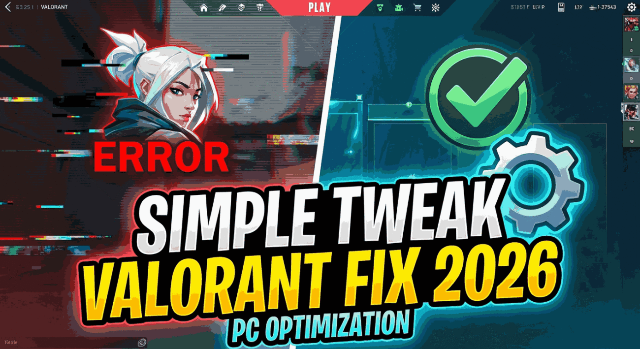 Simple Tweak Valorant Fix 2026 PC optimization showing Valorant character left side with error sign and green checkmark fix indicator on right