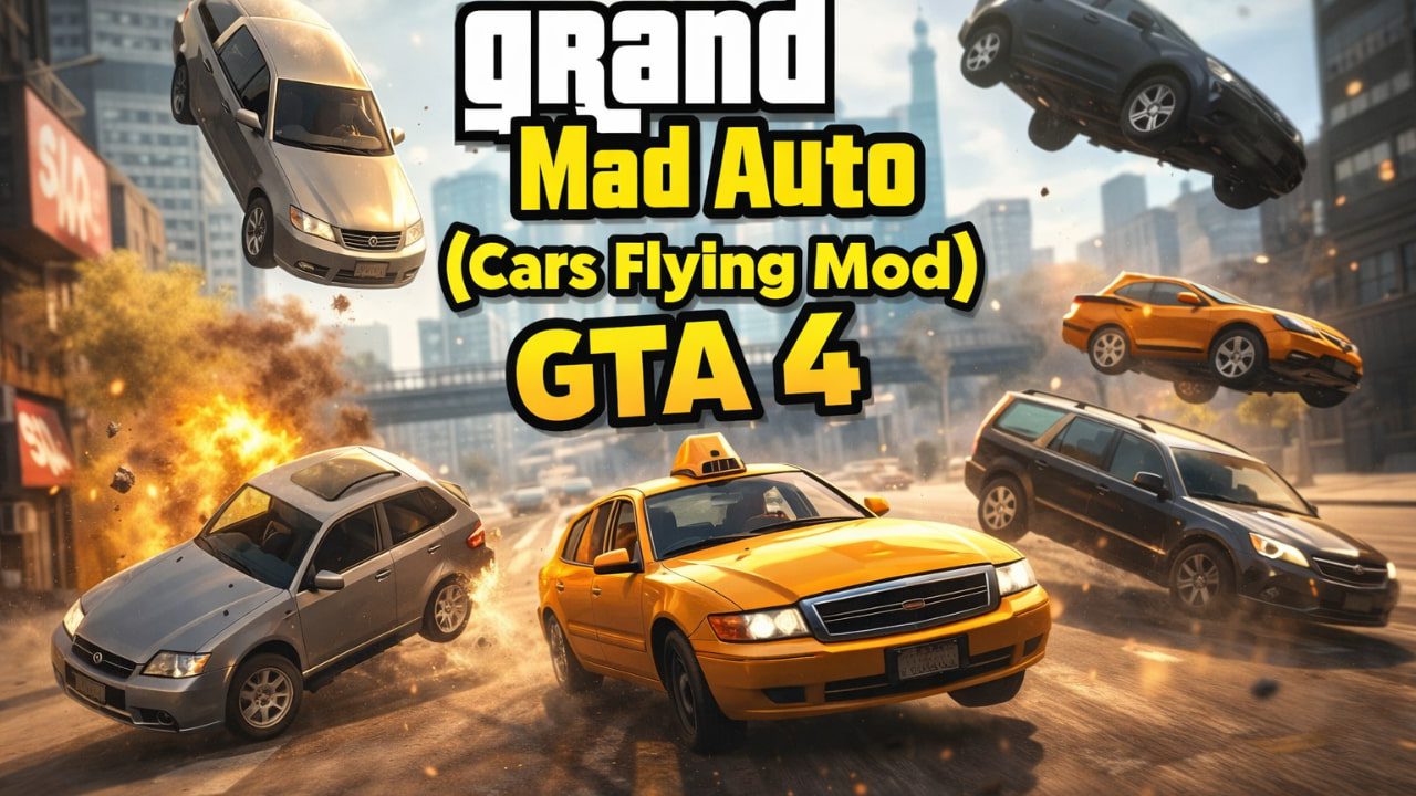 Generate a thumbnail style image on topic : Grand Mad Auto (Cars Flying Mod) GTA 4