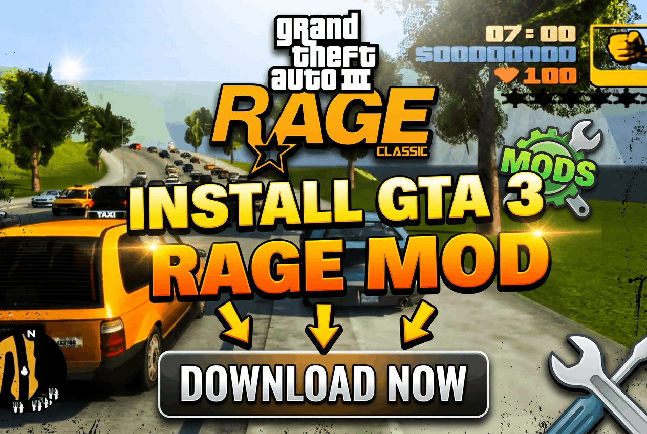 GTA 3 Rage Mod promotional image with game title, yellow and purple text, city street with taxi, and DOWNLOAD NOW button