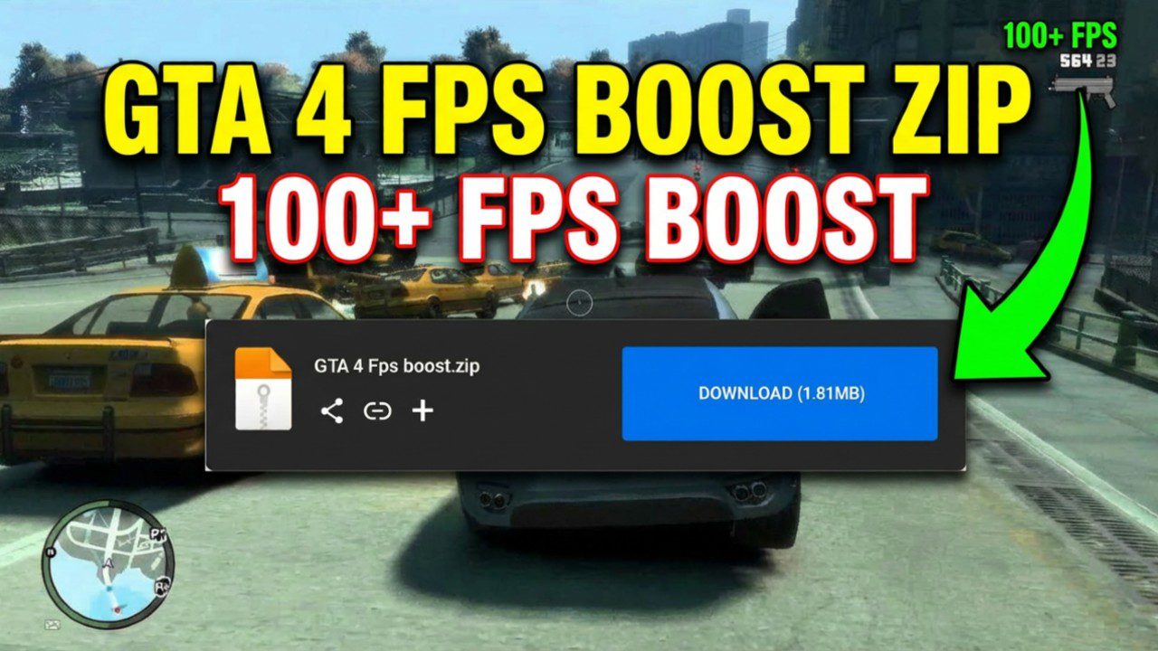 GTA 4 FPS Boost Zip promotional image showing gameplay with 100+ FPS boost text, yellow text, download button, and game screenshot
