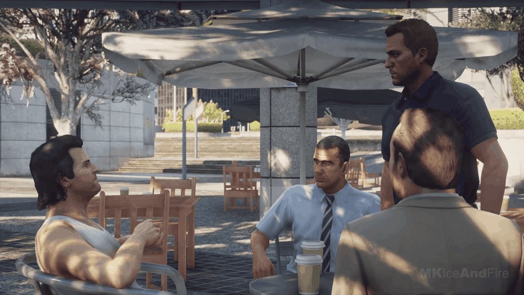 GTA 5 gameplay scene showing characters in conversation at outdoor location with improved graphics
