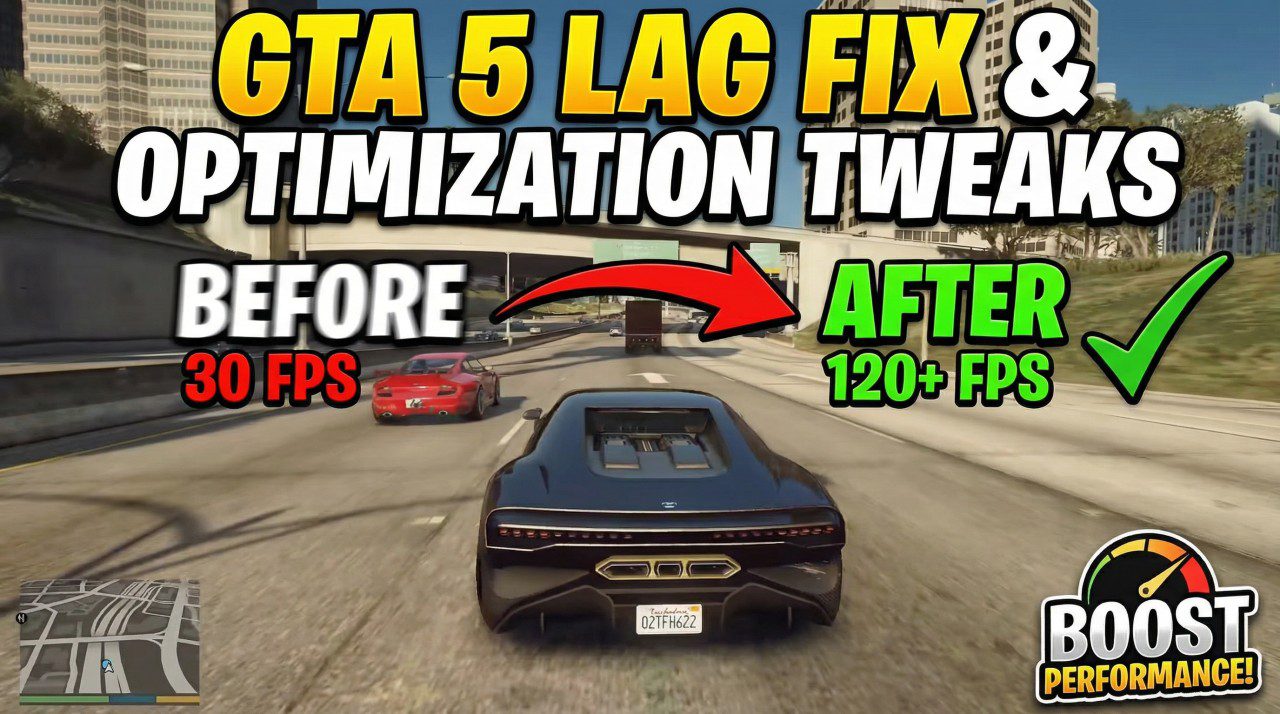 GTA 5 before and after comparison showing game performance improvement from 30 FPS to 120+ FPS with boost performance logo