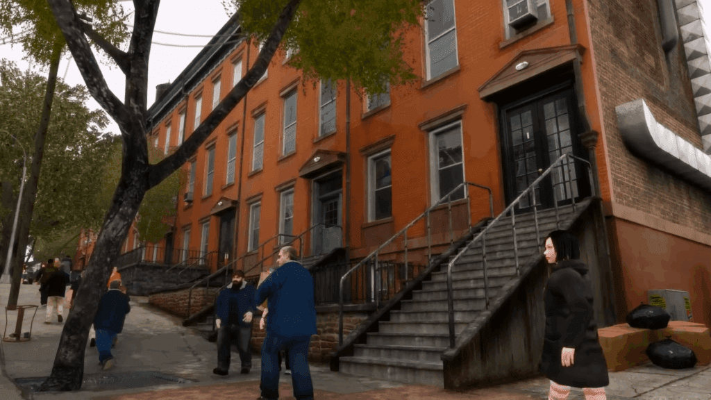 GTA IV neighborhood street with red brick buildings and NPCs walking showing Simple ENB natural lighting enhancement