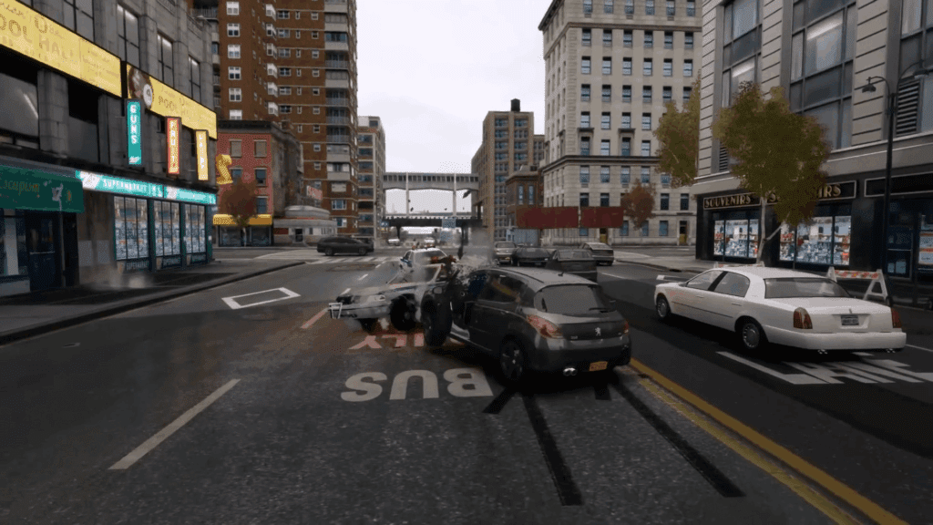 GTA IV Liberty City street scene with cars parked on road showing Simple ENB natural realistic lighting enhancement
