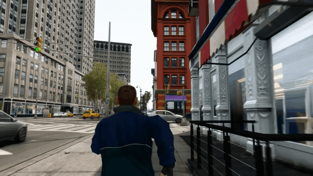 GTA IV Liberty City downtown street with tall buildings and character showing Simple ENB enhanced realistic lighting