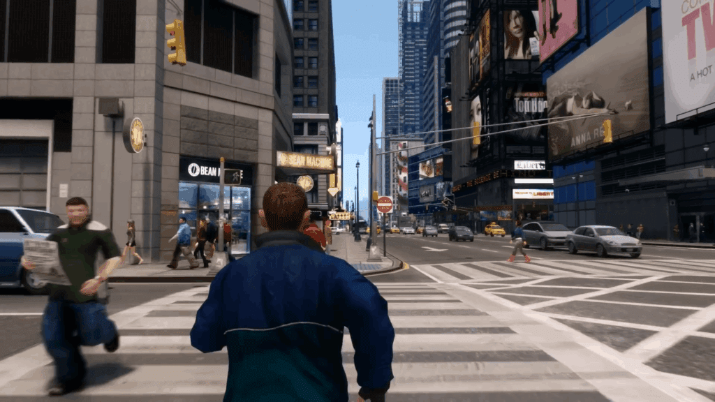 GTA IV pedestrian crossing street scene with NPCs and buildings showing Simple ENB realistic enhanced lighting