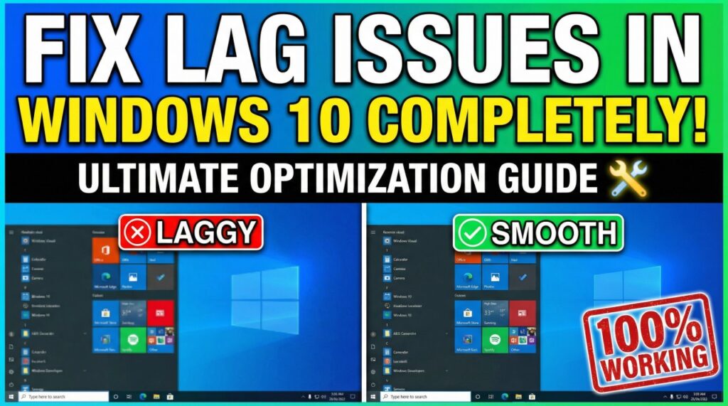 Windows 10 lag optimization guide comparison showing laggy vs smooth performance with optimization tips