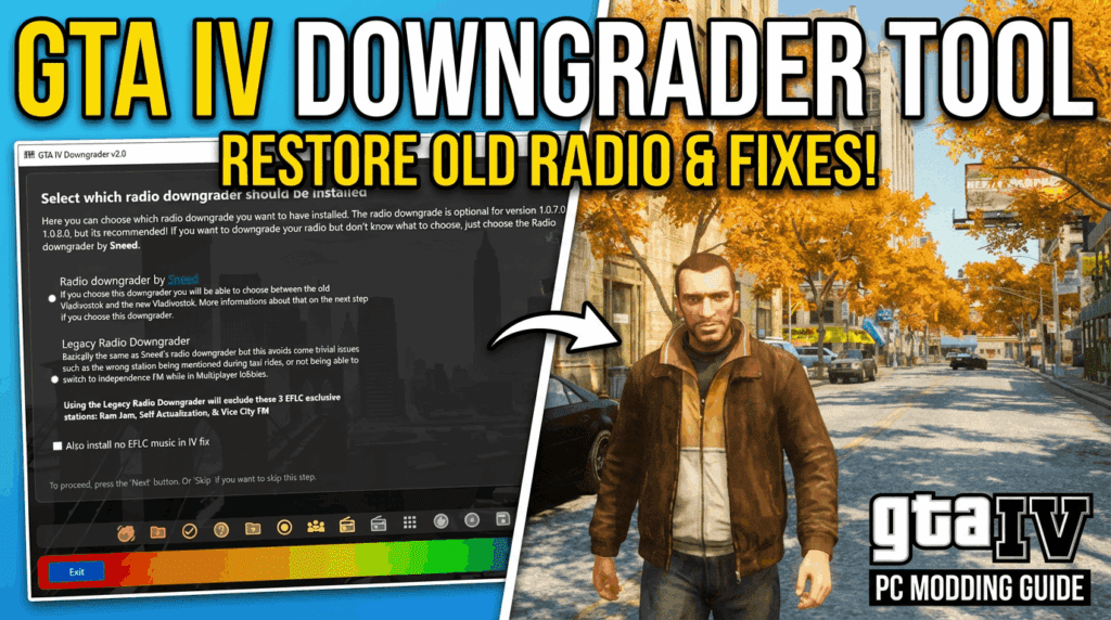 Split image: Left shows GTA IV modding tool interface for downgrading radio features and iCEnhancer 4.0 options; right shows the protagonist walking on a sunny, tree-lined street. Text: “GTA IV Downgrader Tool - Restore Old Radio & Fixes!”.