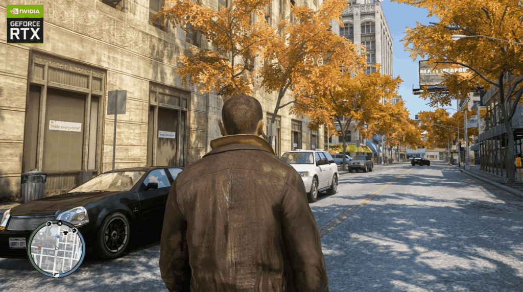 GTA IV Liberty City street scene with iCEnhancer 4.0 graphics enhancement showing realistic lighting