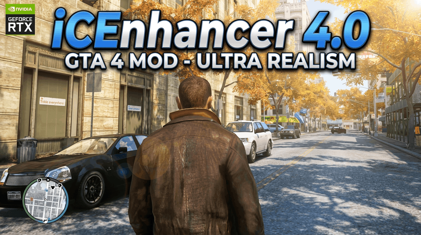 A person in a brown jacket walks down a sunlit city street with autumn trees. Text reads: “iCEnhancer 4.0 GTA 4 MOD - ULTRA REALISM,” highlighting the enhanced visuals from iCEnhancer 4.0, with an NVIDIA GeForce RTX logo in the top left corner.
