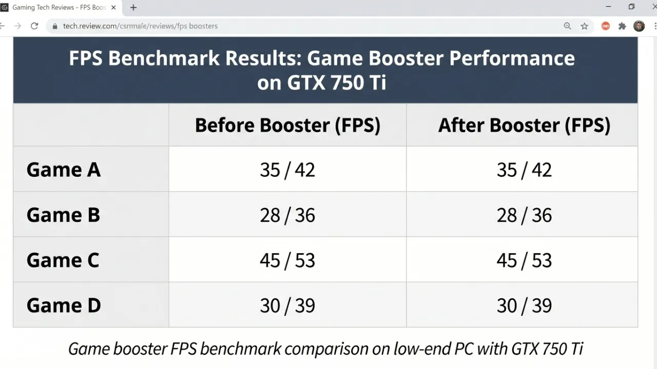 Game booster FPS benchmark comparison on low-end PC with GTX 750 Ti