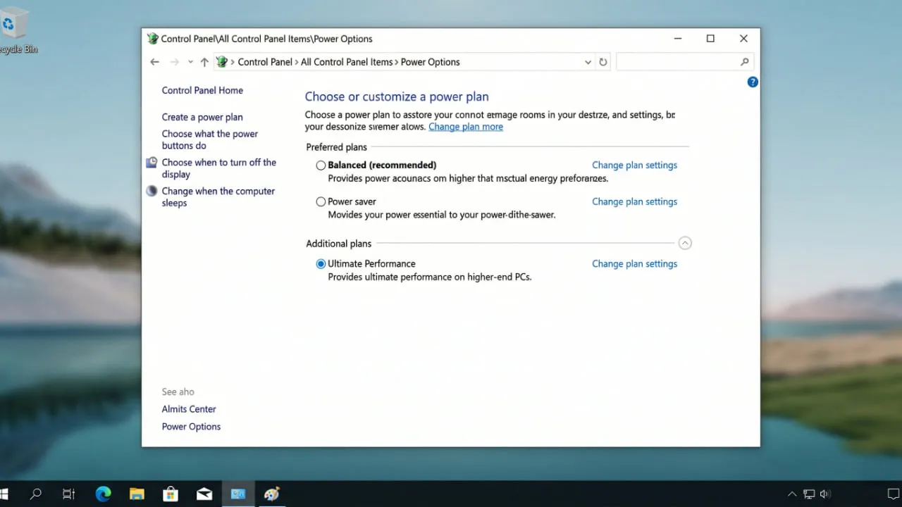 Power Options panel showing Ultimate Performance selected