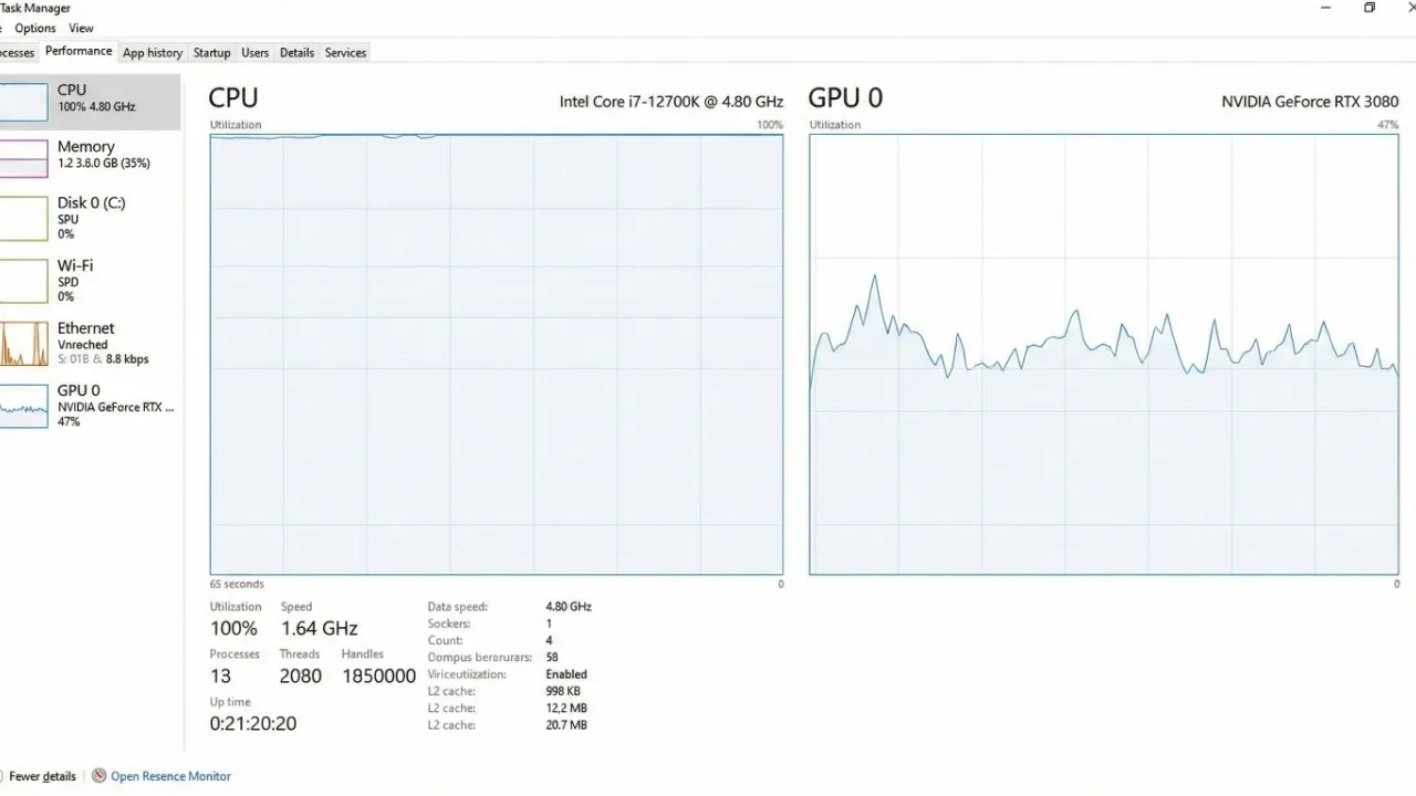 Task Manager Performance tab showing CPU bottleneck in a game with 100% CPU usage