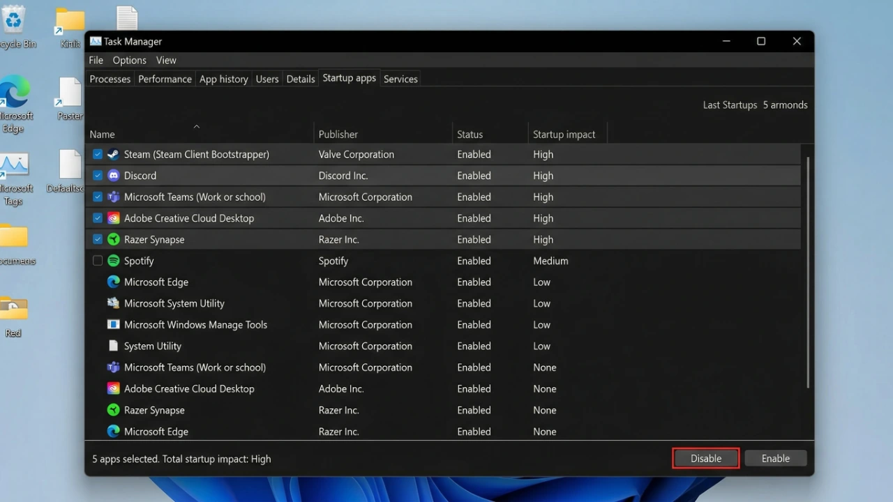 Task Manager Startup tab with several High-impact apps selected for disabling