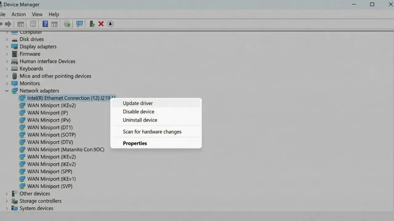 Updating network adapter driver in Windows 11 Device Manager to fix DPC latency