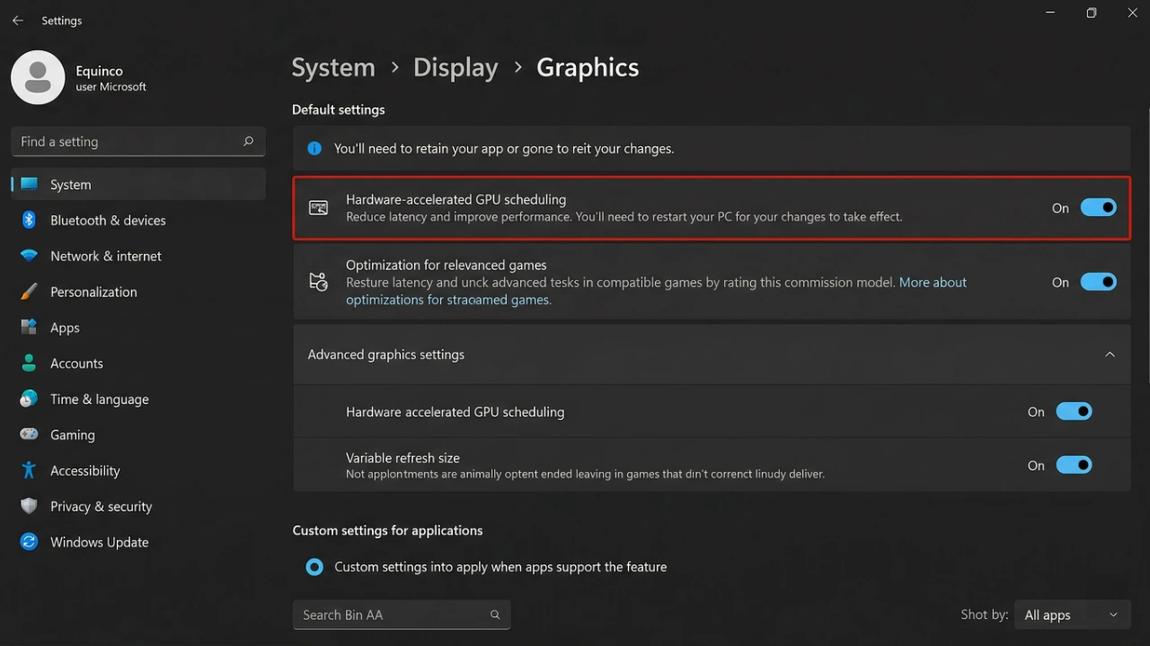 Windows Display Graphics Settings panel with HAGS toggle set to On