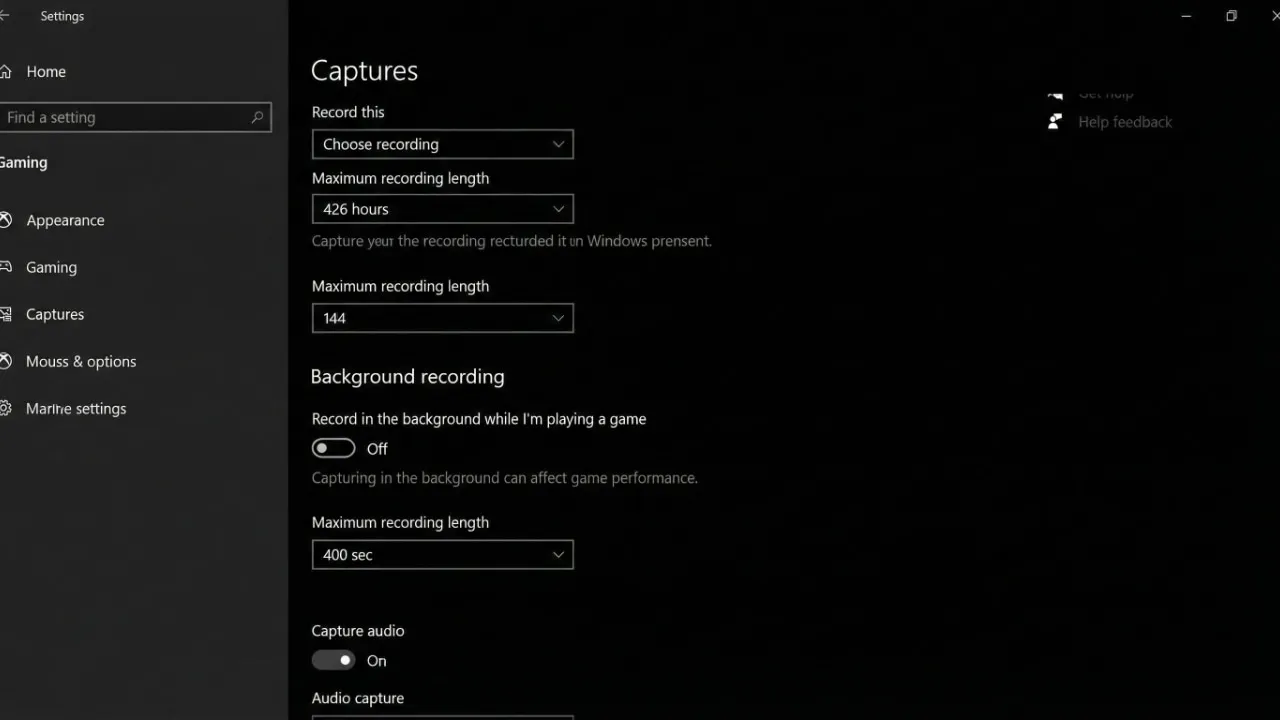 Windows Settings > Gaming > Captures panel with Background Recording toggled off