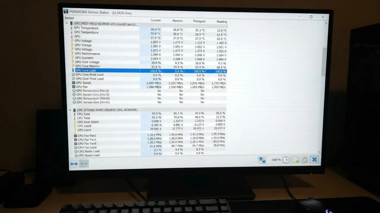 HWiNFO64 showing a GPU bottleneck with GPU load at 100% and CPU well below max
