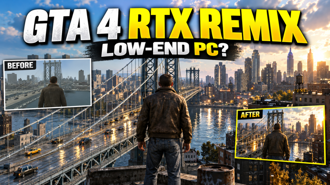 A desktop gaming PC running GTA 4 RTX Remix with ray-traced lighting effects visible on screen